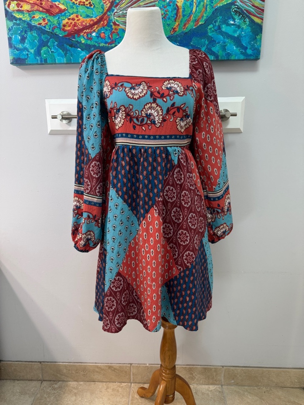 &Merci Merci Patchwork Square Neck Long Sleeve Mini Dress SZ. MEDIUM NWT